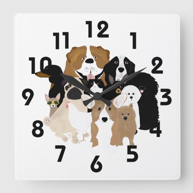 Hunde, Katze, Hühneruhr Quadratische Wanduhr (Vorderseite)