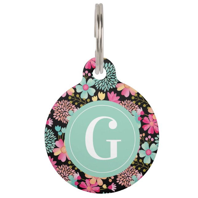 Hunde Katze Pet ID Monogramm Anfangsfloral Haustiermarke (Vorderseite)