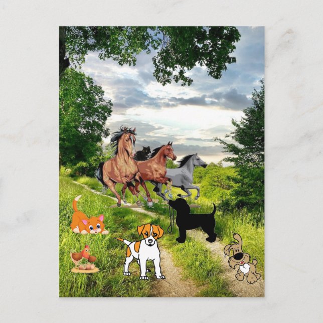 Hunde Katzen Hühnerpferde Postkarte (Vorderseite)