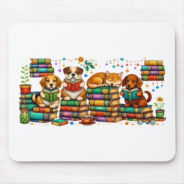 Hunde lesen Bücher Cozy Library Szene Mousepad (Vorne)