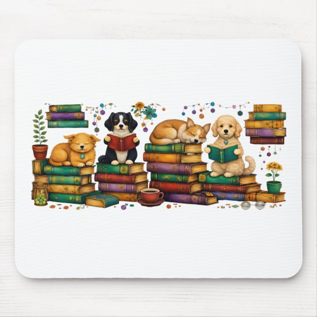 Hunde lesen Bücher Cozy Library Szene Mousepad (Vorne)