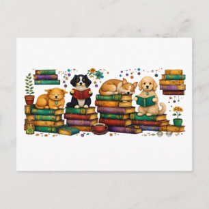 Hunde lesen Bücher Cozy Library Szene Postkarte