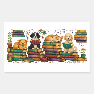 Hunde lesen Bücher Cozy Library Szene Rechteckiger Aufkleber