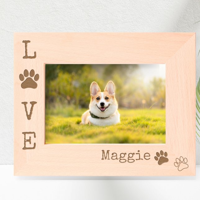 Hunde LIEBE Paw Print Modernes Personalisiertes Fo Geätzte Rahmen (Personalized LOVE paw print photo frame.)