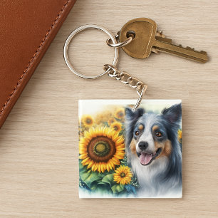 Hunde-Liebhaber Border Collie Sonnenblume Acryl-Sc Schlüsselanhänger
