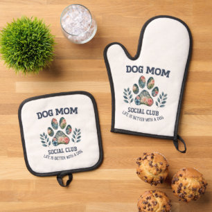 Hunde Mama Paw Floral Ofenhandschuh & Topflappen-Set
