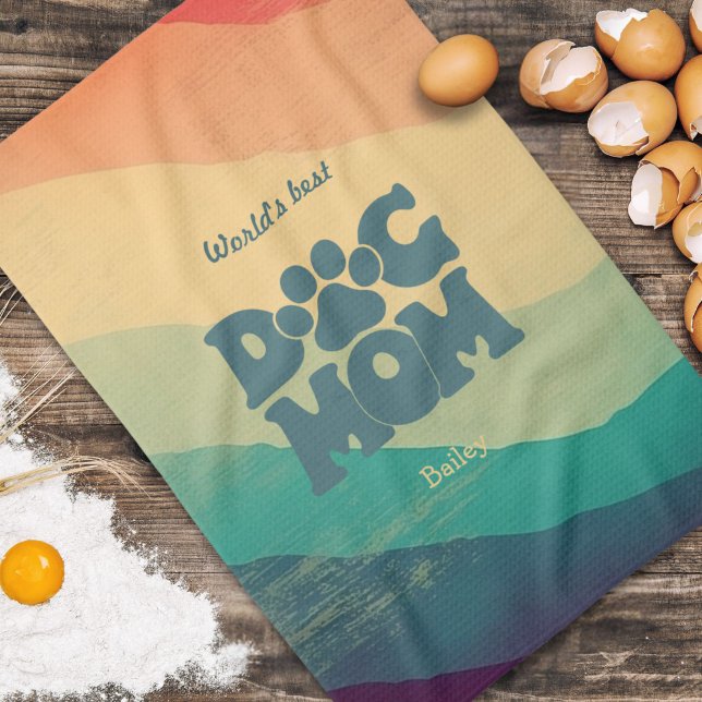 Hunde Mama Retro Groovy Rainbow Personalisiert Geschirrtuch (Von Creator hochgeladen)