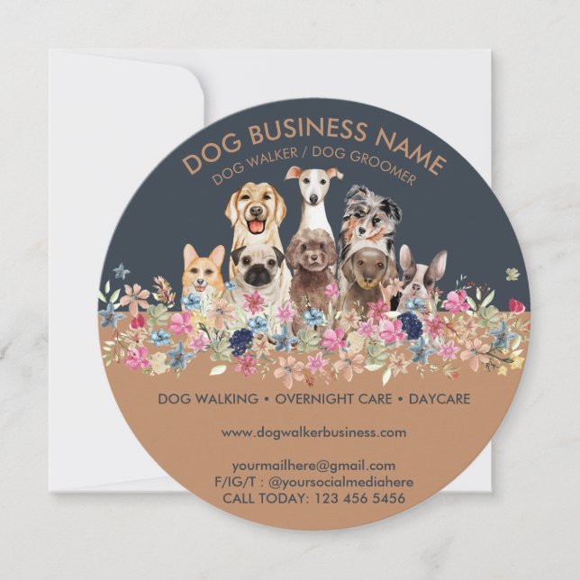 Hunde mit Blumen Kreis Einladung (Vorderseite)