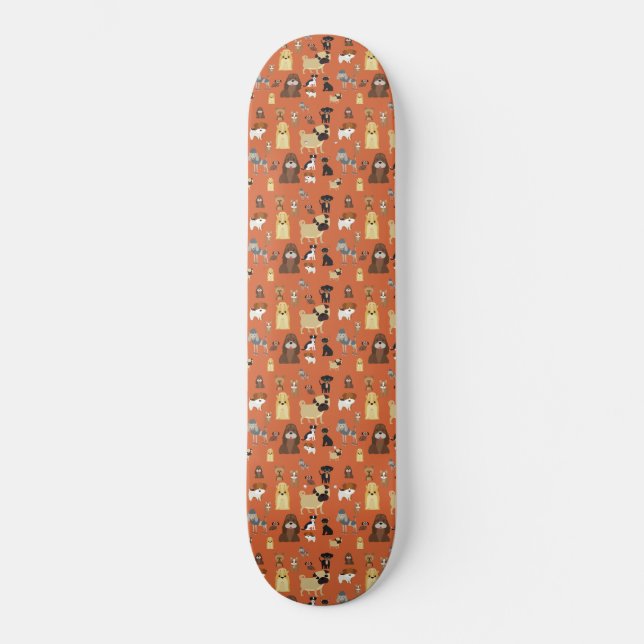Hunde mit orangefarbenem Hintergrund. Skateboard (Vorderseite)