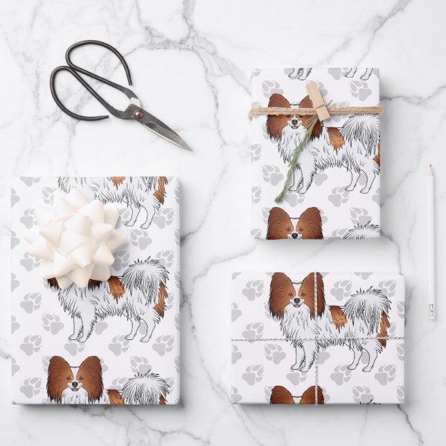 Hunde mit Pfoten, rot und weiß Papillon Geschenkpapier Set (Vorderseite)