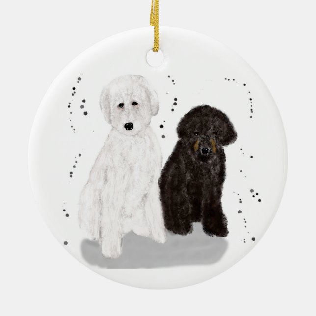 Hunde mit schwarzer und weißer Doodle Keramik Ornament (Hinten)