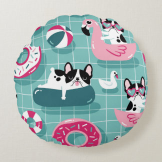 Hunde mit Schwimmbad, Vintages Muster. Rundes Kissen