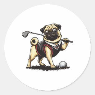 Hunde Mops Golf spielen - Golfer Runder Aufkleber