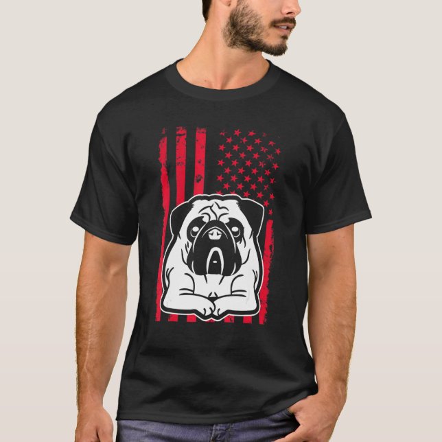 Hunde-Mops US-amerikanische Flagge T-Shirt (Vorderseite)
