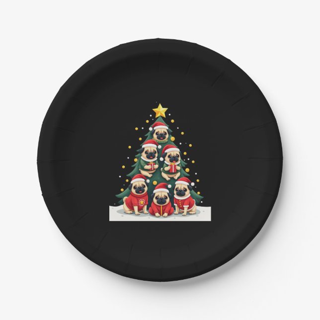 Hunde Mops Weihnachtsbaum Niedliche Weihnachten (4 Pappteller (Vorderseite)