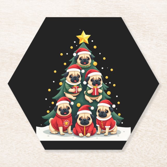 Hunde Mops Weihnachtsbaum Niedliche Weihnachten (4 Untersetzer (Vorderseite)