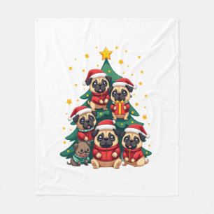 Hunde Möpse Weihnachtsbaum Süß Xmas (3) Fleecedecke