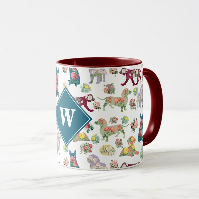 Hunde Muster und Vintage Blume Monogramm Tasse (VorderseiteRechts)