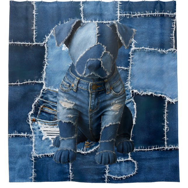 Hunde-Patchwork-Kunst-Denim Duschvorhang (Vorderseite)