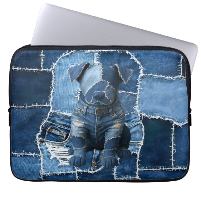 Hunde-Patchwork-Kunst-Denim Laptopschutzhülle (Vorderseite)