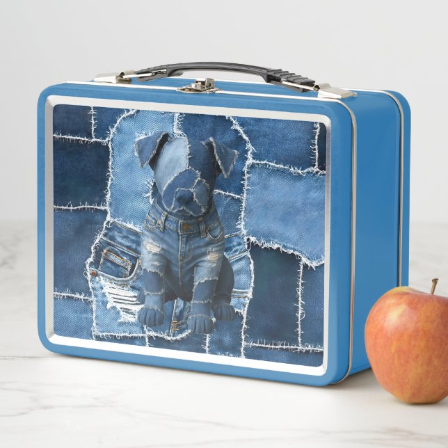Hunde-Patchwork-Kunst-Denim Metall Brotdose (Beispiel)