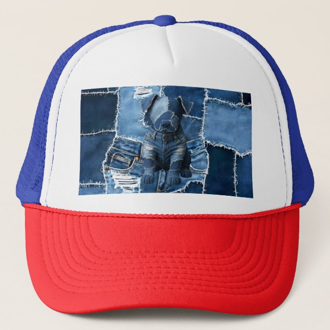 Hunde-Patchwork-Kunst-Denim Truckerkappe (Vorderseite)