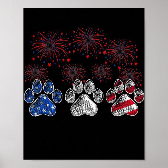Hunde Paw American Flag Feuerwerk Hund liebt 4. Poster (Vorne)