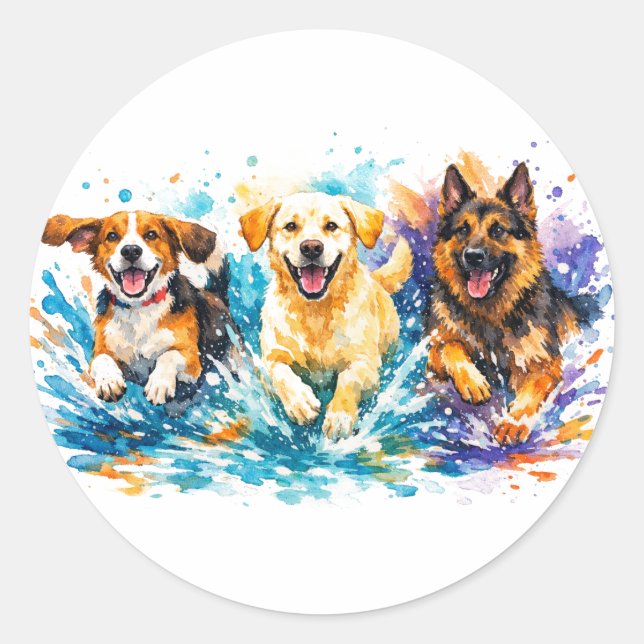 Hunde planschen runder aufkleber (Vorderseite)