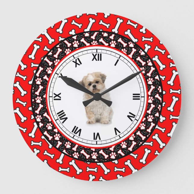 Hunde-Portrait-Dog-Knochen-Niedlich-Fibelrahmen Große Wanduhr (Vorderseite)