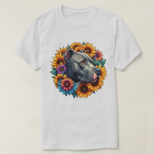 Hunde Portrait umgeben von blühenden Sonnenblumen T-Shirt (Design vorne)