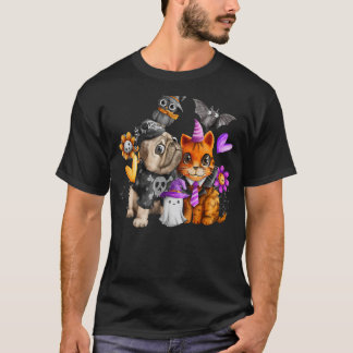 Hunde Pugs und süße Katze Halloween Katze Hund Tee