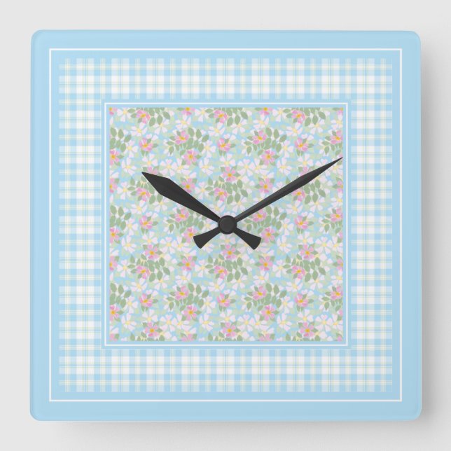 Hunde Rose Blume und Blue Karos Square Wall Clock Quadratische Wanduhr (Vorderseite)