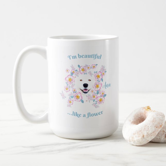 Hunde Samoyed und rosa Blume Kaffeetasse (Mit Donut)