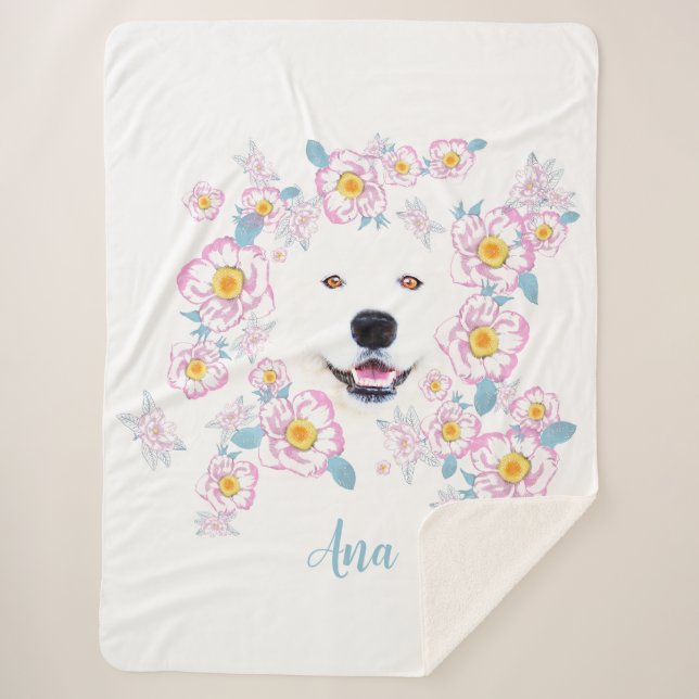 Hunde Samoyed und rosa Blume Sherpadecke (Vorderseite)