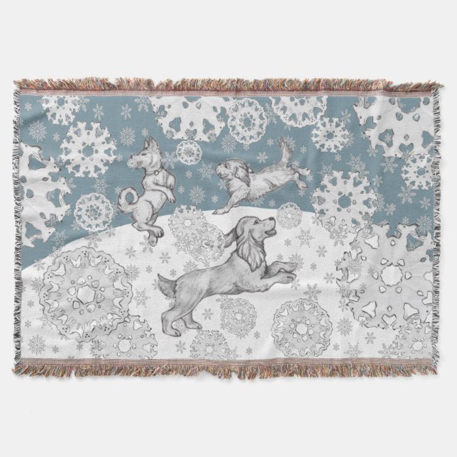 Hunde & Schneeflocken Blauer Winterspass Weihnacht Decke (Vorderseite)