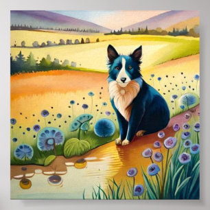 Hunde schwarz-weiß im Blumenfeld Poster
