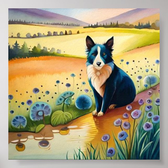 Hunde schwarz-weiß im Blumenfeld Poster (Vorne)