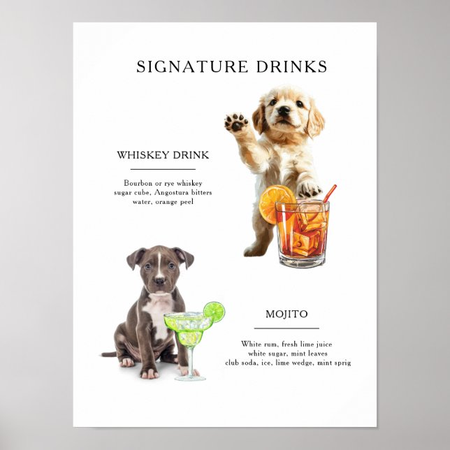 Hunde-Signatur-Drink Hochzeit Bar Drink Menü Poster (Vorne)