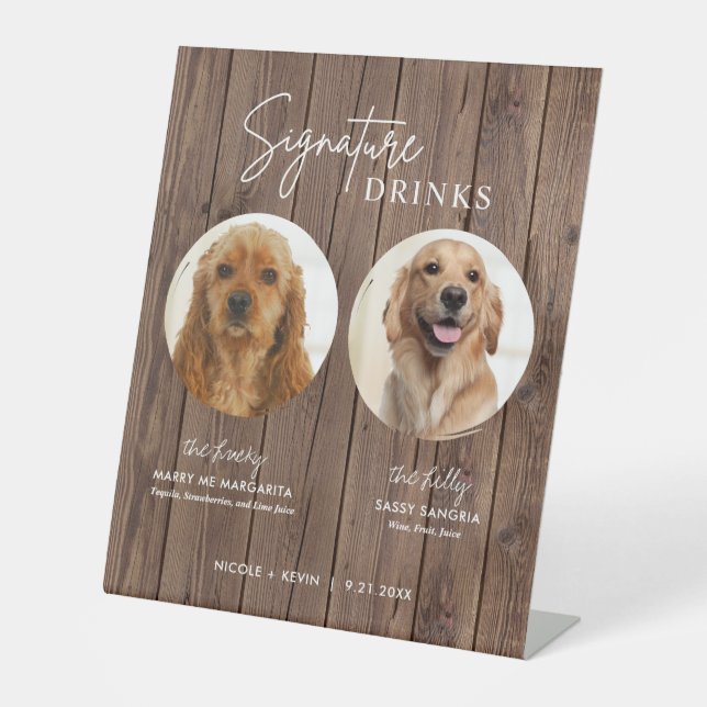 Hunde Signature Drinks Zeichen rustikale Hochzeits Sockelschild (Vorderseite)
