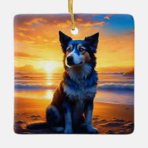 Hunde sitzen am Ocean Beach bei Sunset Keramikornament