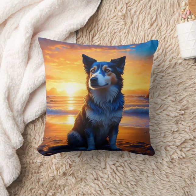 Hunde sitzen am Ocean Beach bei Sunset Kissen (Decke)
