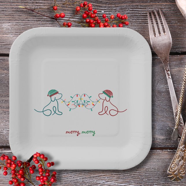 Hunde spielen mit weihnachtlicher Leuchte Papierpl Pappteller (Merry, Merry plate, featuring 2 cute dogs with winter hats and Christmas lights  Holiday Party Time!)