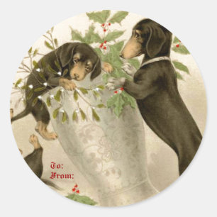 Hunde spielen mit Weihnachtsmistel und Stechpalmen Runder Aufkleber