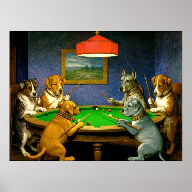 Hunde spielen Snooker Billard Spaß Spoof Poster (Vorne)