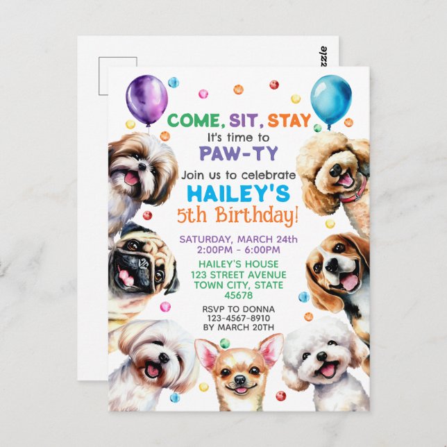Hunde Thema 5th Birthday Party Einladung Postkarte (Vorne/Hinten)
