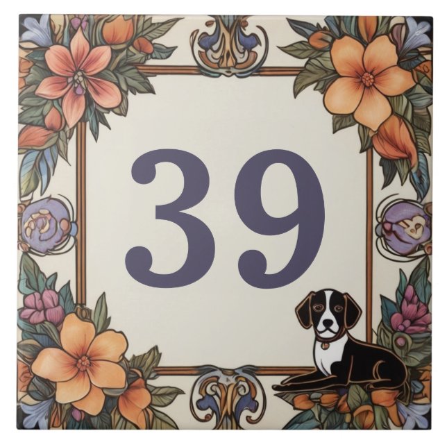 Hunde und Blume Hausnummer Unterschrift Plaque Fliese (Vorderseite)