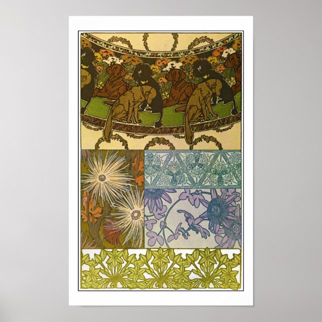 Hunde und Blume im Jugendstil, Mucha Poster (Vorne)