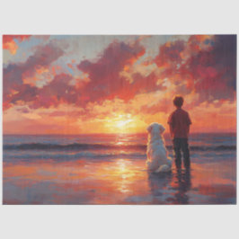 Hunde und Junge beobachten Sonnenuntergang am Stra Seidenpapier