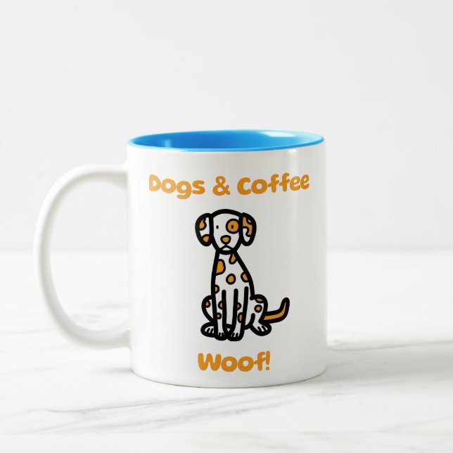 Hunde und Kaffee Woof! Zweifarbige Tasse (Links)
