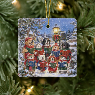 Hunde und Katzen beim Weihnachtsliedersingen Keramikornament